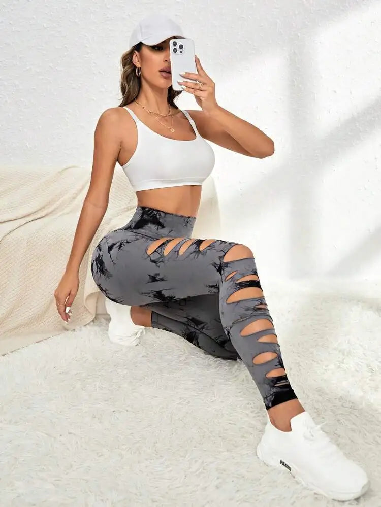 Tie Dye Leggings Hollow Out Butt Lift Workout Trainning Jogging Pants