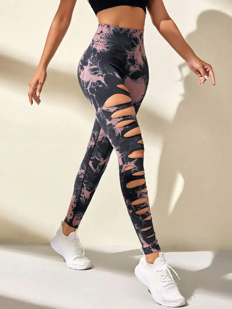 Tie Dye Leggings Hollow Out Butt Lift Workout Trainning Jogging Pants