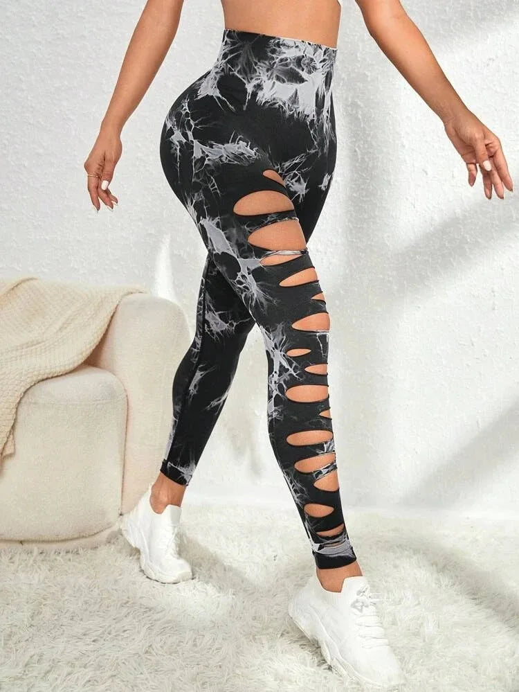 Tie Dye Leggings Hollow Out Butt Lift Workout Trainning Jogging Pants