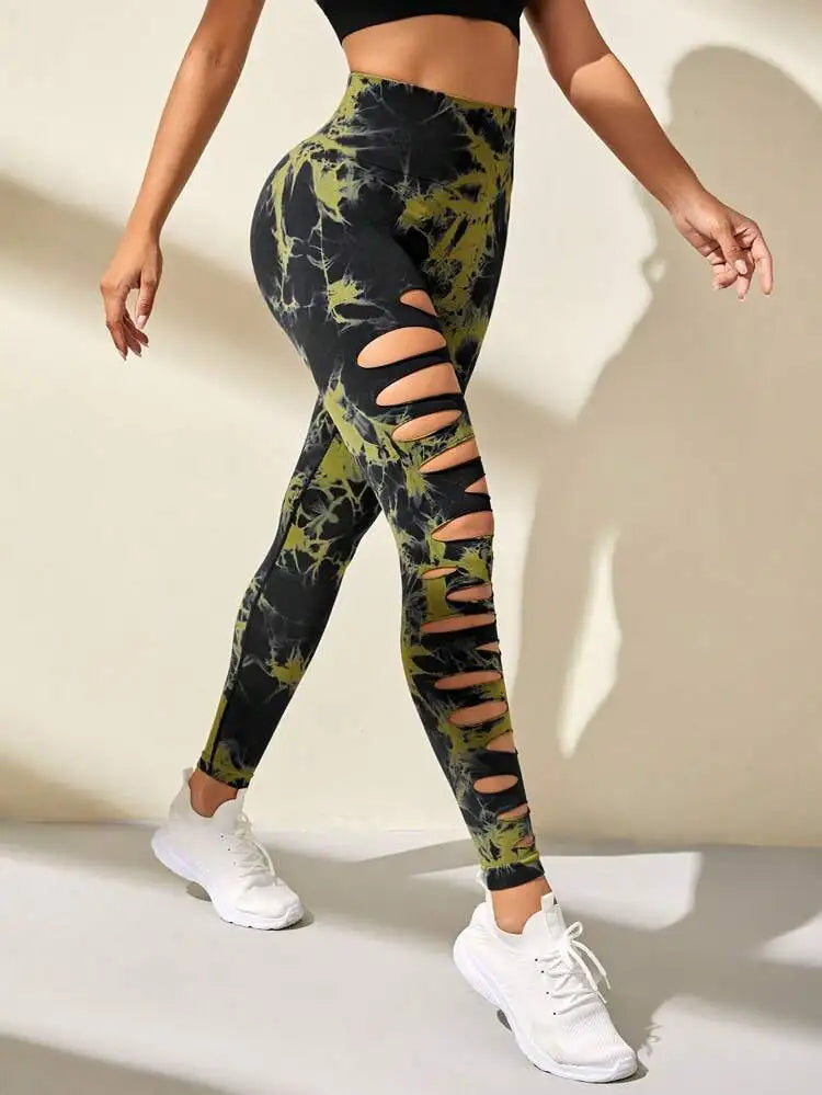 Tie Dye Leggings Hollow Out Butt Lift Workout Trainning Jogging Pants