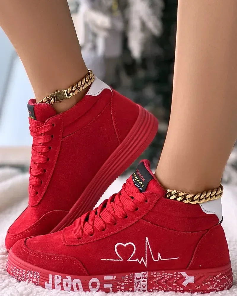 Heart-Embroidered Graffiti Platform Sneakers