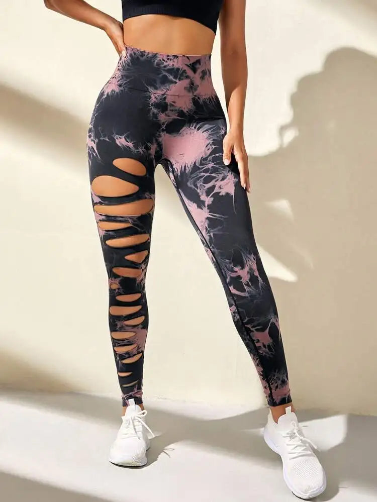 Tie Dye Leggings Hollow Out Butt Lift Workout Trainning Jogging Pants