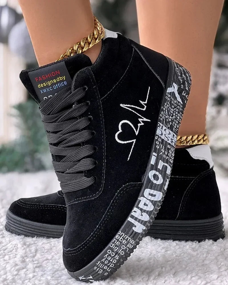 Heart-Embroidered Graffiti Platform Sneakers