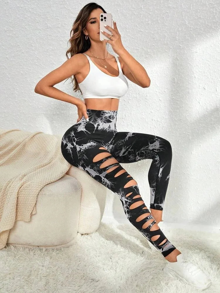 Tie Dye Leggings Hollow Out Butt Lift Workout Trainning Jogging Pants