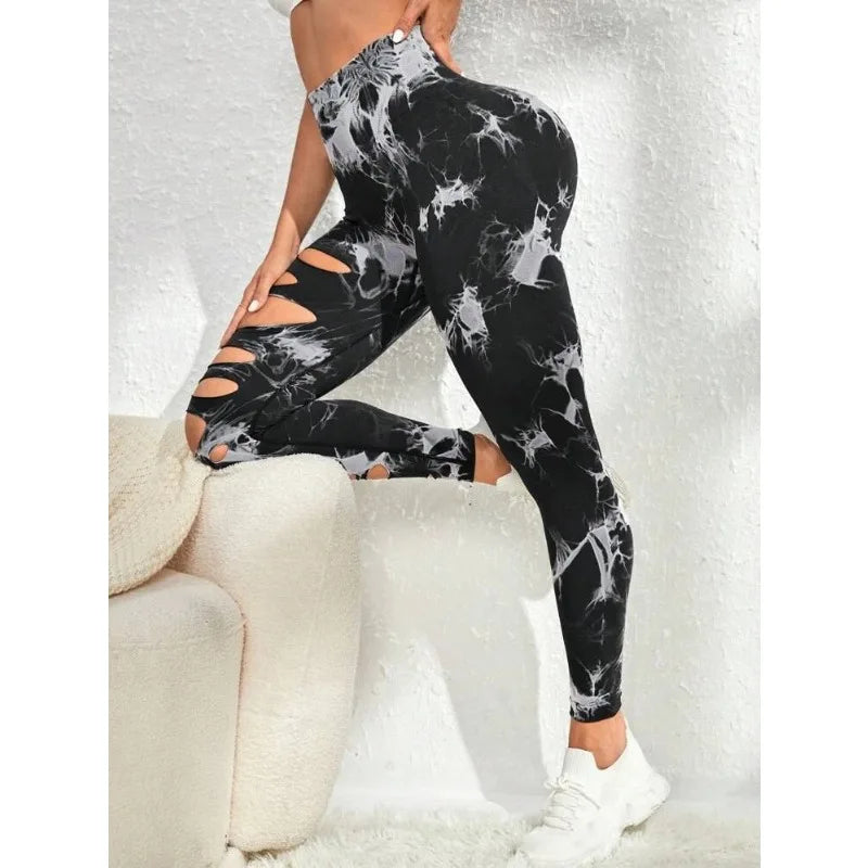 Tie Dye Leggings Hollow Out Butt Lift Workout Trainning Jogging Pants